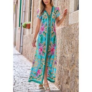 Boston Proper Colorful Floral Prints Maxi Dress Plunging Neckline Empire Waist